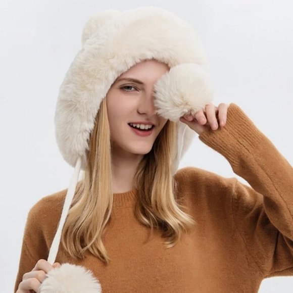 Faux fur trimmed & pom pom knit Hat winter Pink, black, cream, tan or gray - Picture 6 of 15